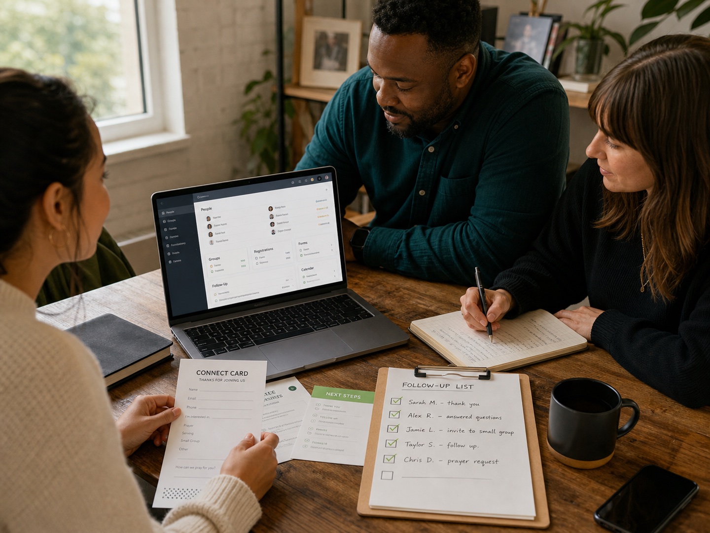 A church ministry team working together with connect cards, follow-up notes and a digital system
