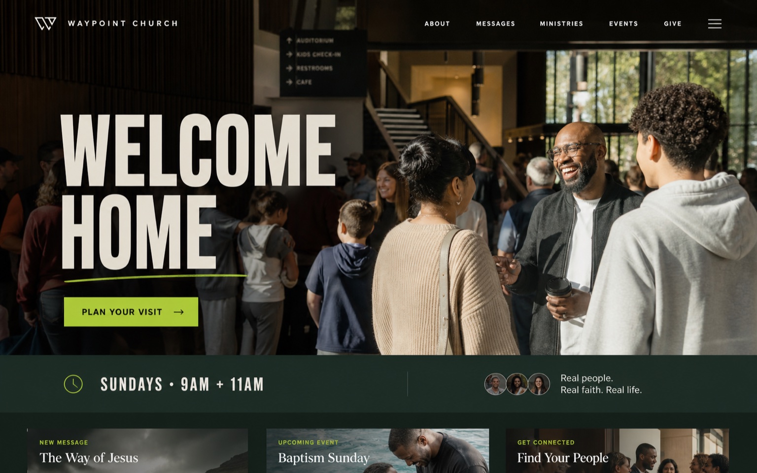 A lively contemporary church website displayed on a laptop