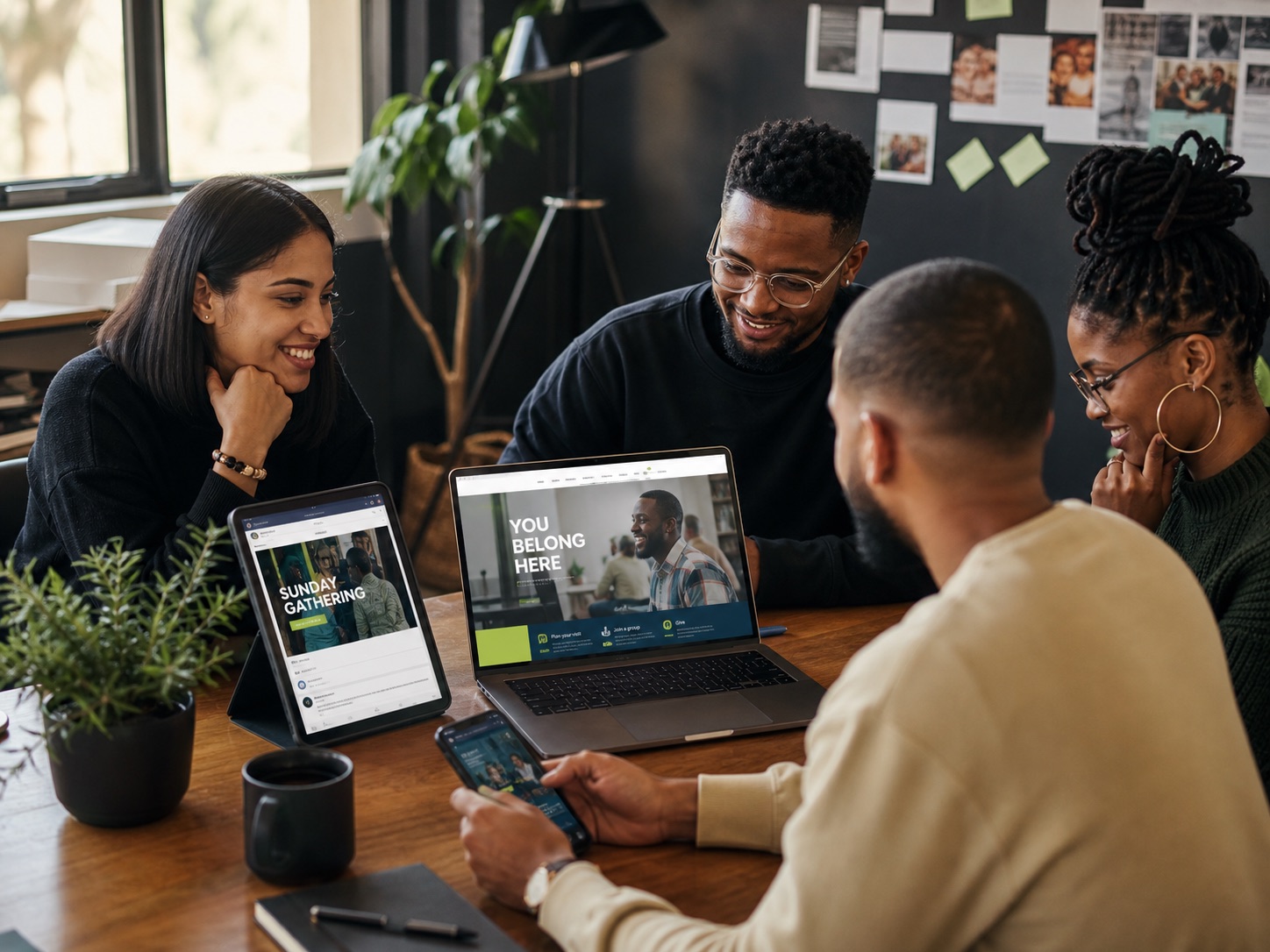 A church creative team reviewing a website and coordinated social media content